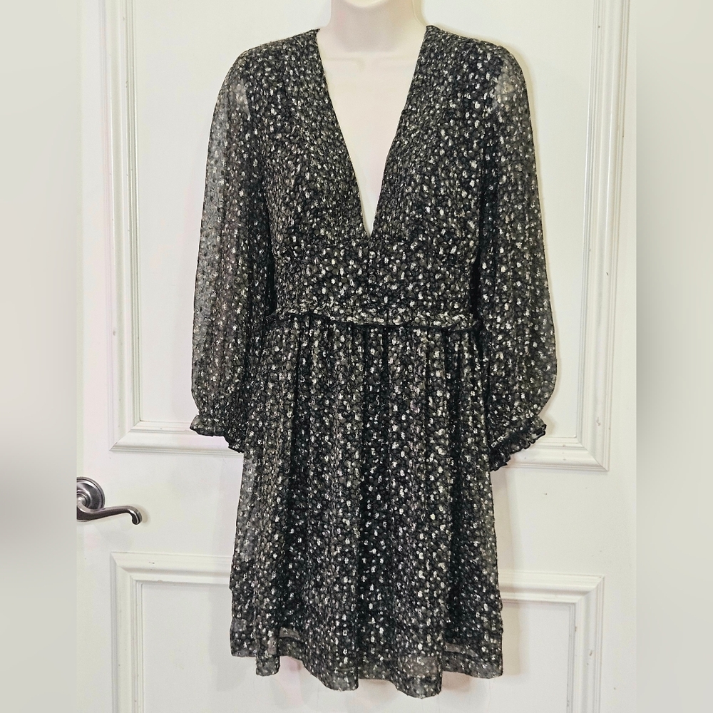 Urban Outfitters Olive Green Multi-Color Metallic Print Chiffon Dress,Large